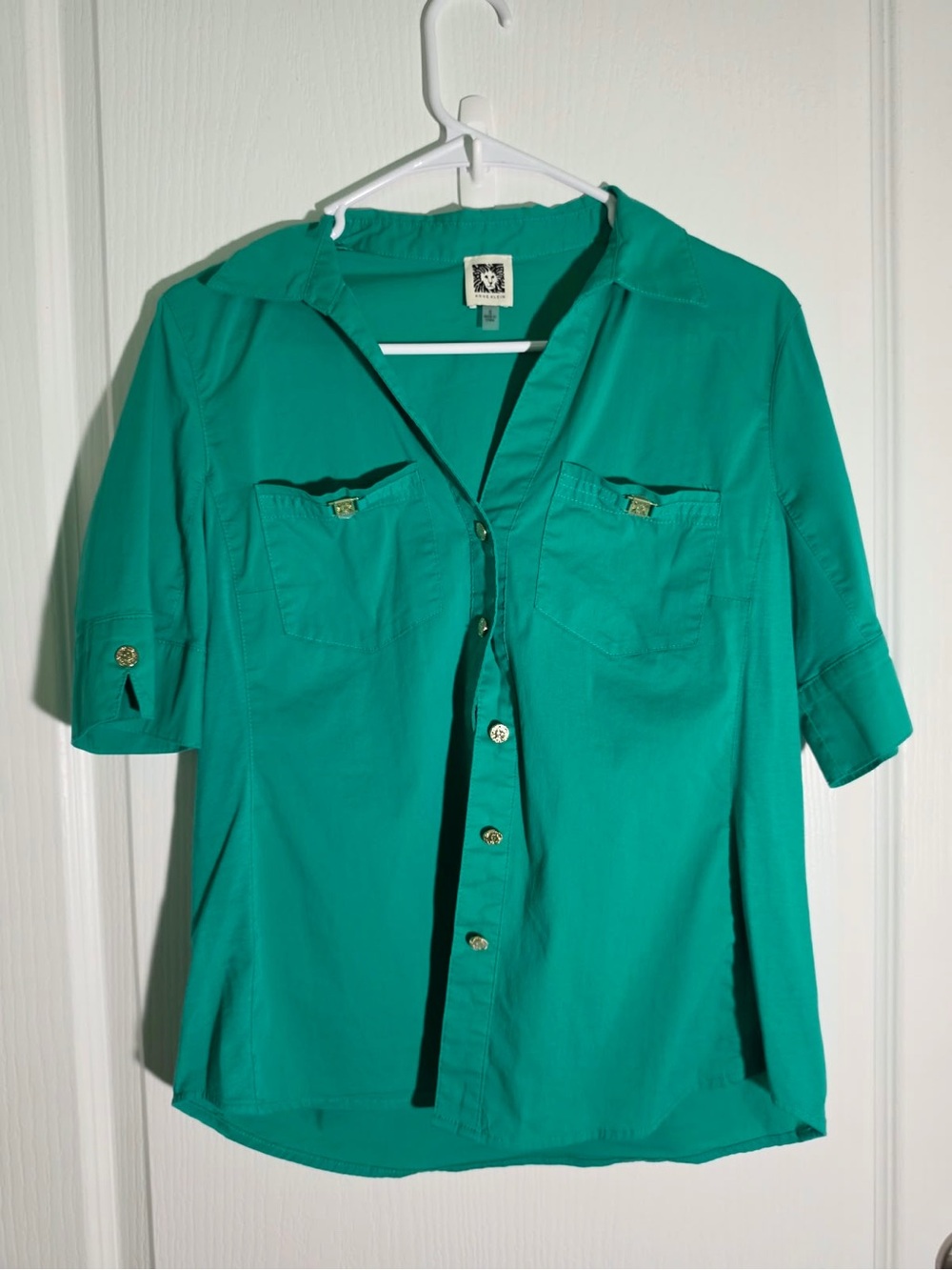 Anne Klein Emerald Green Button-Front Short Sleeve Shirt